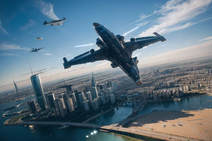 (best quality,photorealistic),(futuristic,high-tech:1.1),(panoramic perspective view, 20mm lens), some futuristic aircraft fly high in the sky, above a city of the future, very dinamic scene, cinematic ambient, epic shi-fi.