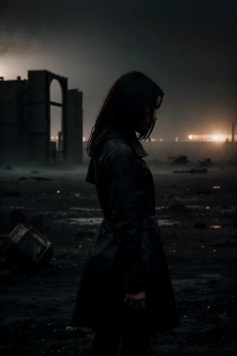 ((Dark and Moody, Dystopian Setting, Low Saturation)) A figure stands alone in a desolate wasteland, a dimly lit city in the background and an eerie fog surrounding the scene. In the distance lies a faint silhouette of a figure standing still, hinted at on...