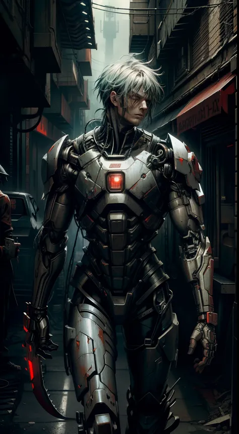 Dark_Fantasy,Cyberpunk,(chain saw,chain saw man,Red:1.1),1man,Mechanical marvel,Robotic presence,Cybernetic guardian, wearing a worn-out mech suit, intricate, (steel metal [rusty]), elegant, clear focus, shot by greg rutkowski, soft lighting, vibrant color...