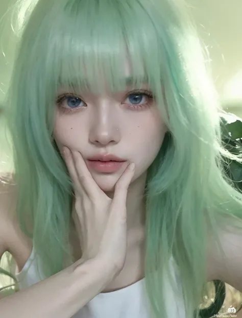 um close up de uma pessoa com cabelo verde e uma camisa branca, ((tons de azul esverdeado)), verde pastel, pale green glow, cabelos verdes, tom verde claro rosto bonito, Ulzzang, she has pale blue skin!!!, pale fair skin!!, green flowing hair, Lalisa Manob...