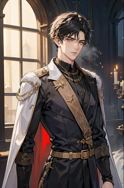 1 male, short messy black hair, handsome, detailed eyes, tall and lean body, condescending, arrogant, royalty, tyrannical ruler,...