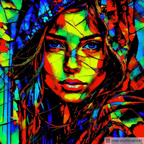 painting of a woman in a headdress and feathers, digital art image, Digital Art. Colorful comic book, colorful digital art, Psychedelic Digital Art, vibrant digital painting, colorful digital art, High-quality digital art, Vibrant digital art, colorful dig...