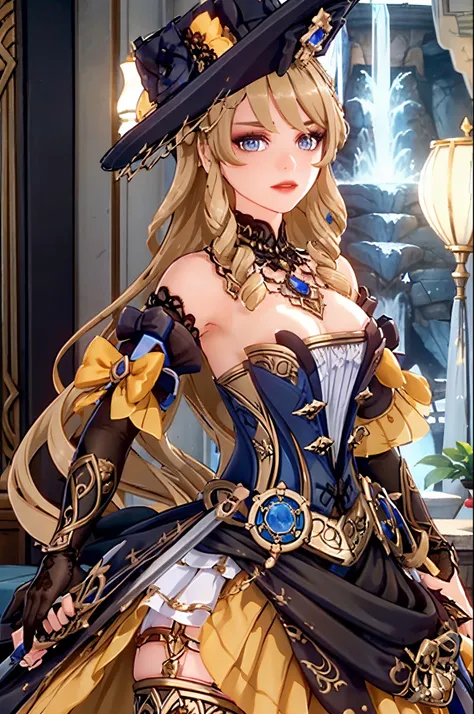 masterpiece, high quality, emotional impact, best shadow, cinemetic shot, perfect lighting,(bright),Navia (genshin impact), 1 (mature) female,(holding a sword,looking at viewer:1.3),long hair, embroided hat, solo, bow, black bow, blonde hair, hat feather, ...