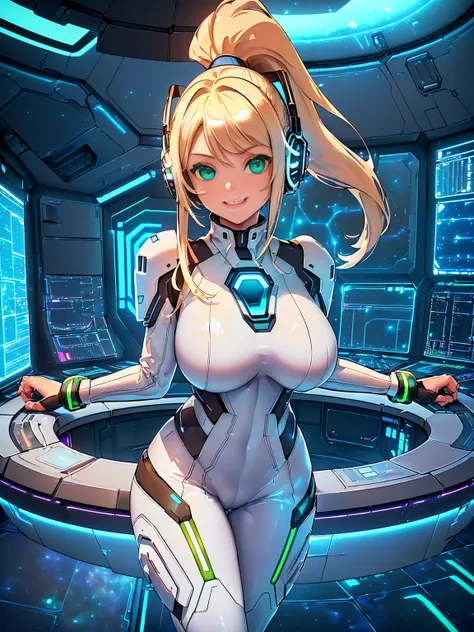 ​masterpiece:1.4, 1girl in ((20yr old, Dressed in a tight futuristic bodysuit in white and silver, long boots, huge-breasted, Multicolored blonde hair, twin ponytail, Perfect model body, Green eyes:1.4, Wearing headphones, Flirting, Happy, Big smile, Looki...