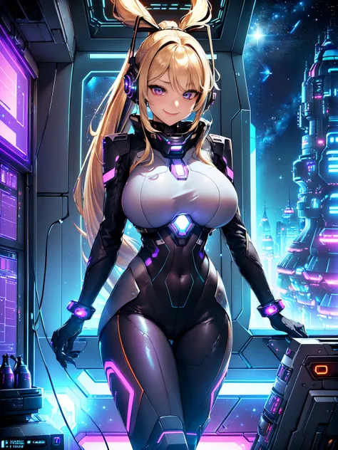 ​masterpiece:1.4, 1girl in ((20yr old, Dressed in a tight futuristic bodysuit in black and silver, long boots, huge-breasted, Multicolored blonde hair, twin ponytail, Perfect model body, Purple eyes:1.4, Wearing headphones, Flirting, Happy, Big smile, Look...