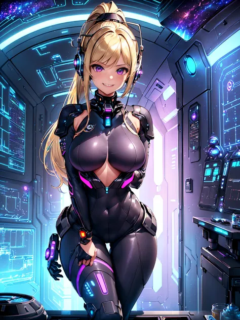 ​masterpiece:1.4, 1girl in ((20yr old, Dressed in a tight futuristic bodysuit in black and silver, long boots, huge-breasted, Multicolored blonde hair, twin ponytail, Perfect model body, Purple eyes:1.4, Wearing headphones, Flirting, Happy, Big smile, Look...