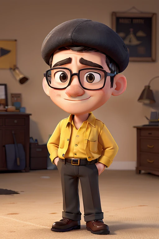 Man in black beret, glasses, yellow shirt.