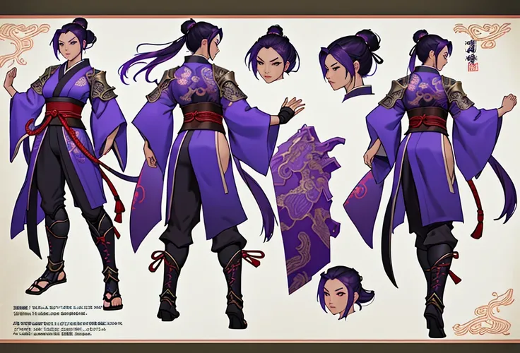 Sexy Asian warrior girl. Wearing kimono . Black and purple hair. Dragon armor motif. Im the style of mortal Kombat. Concept art using wing chun martial arts. Show full body front and back.. show details. .sex appeal