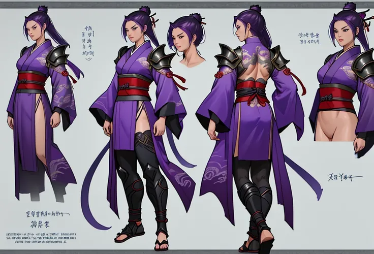 Sexy Asian warrior girl. Wearing kimono . Black and purple hair. Dragon armor motif. Im the style of mortal Kombat. Concept art using wing chun martial arts. Show full body front and back.. show details. .sex appeal