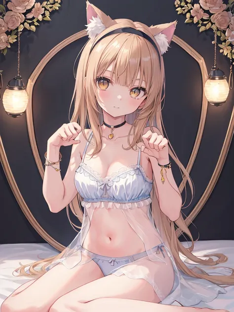 (((masterpiece: 1.5, best quality, high resolution: 1.3, super resolution, super detailed, ultra detailed:1.3, rich background:1.2))), shiina mahiru, yellow eyes, floating hair, very long hair, blunt bangs, cute hairpin, chocker, lingerie, bra, navel, pant...