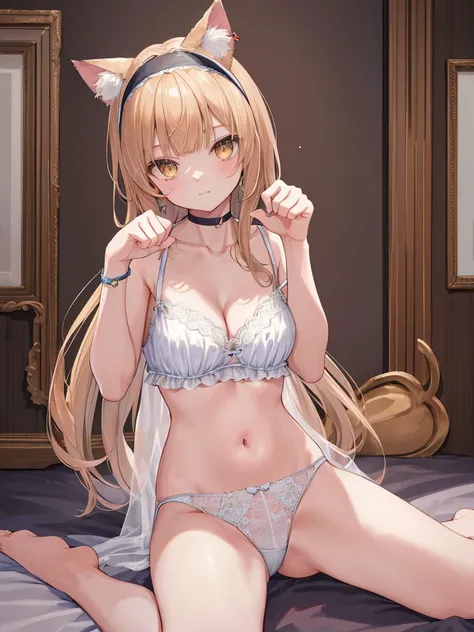 (((masterpiece: 1.5, best quality, high resolution: 1.3, super resolution, super detailed, ultra detailed:1.3, rich background:1.2))), shiina mahiru, yellow eyes, floating hair, very long hair, blunt bangs, cute hairpin, chocker, lingerie, bra, navel, pant...