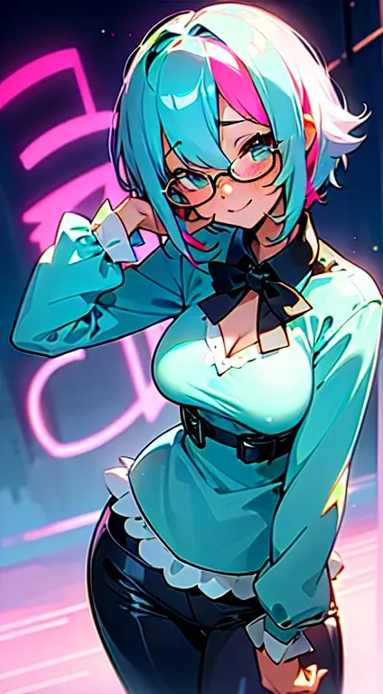 cyan hair, short hair,  gigantic boobs, blushing very hard, happy  face,smilling, neon city, night, glasses, sexy, small height, hair over one eye, hair over one eye, streaked hair, anime,loli, cute clothes, black leggings