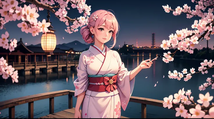 (best quality,4k,8k,highres,masterpiece:1.2),ultra-detailed,(realistic,photorealistic,photo-realistic:1.37),beautiful anime girl,tokio,falling sakura flowers,night scene,colorful,soft focus,ethereal lighting,anime style,serene,peaceful,reflection on the wa...