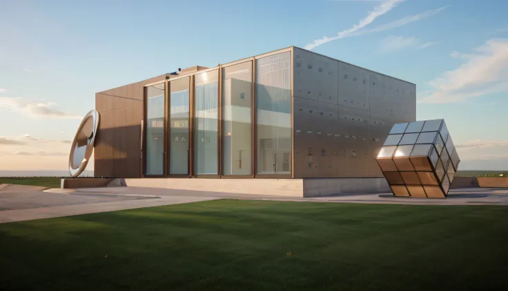 a rendering of a plaza in front of one office building,
stone pathway to building and from right to left,
one steel sculpture on the left and one steel sculpture on the right,
hilly grass between building and plaza,
((nice grass lawn)),
beautiful sky,
dayl...