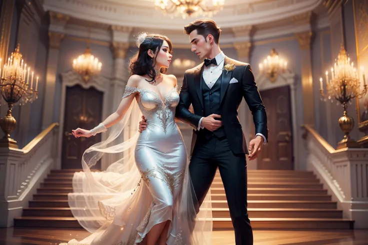 Draw a drawing of a couple dancing ballroom dancing, wearing elegant and lively costumes and a beautiful party room. --auto --s2