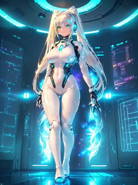 ​masterpiece:1.4, 1girl in ((20yr old, Dressed in a tight futuristic bodysuit in white and silver, long boots, huge-breasted, Multicolored blonde hair, twin ponytail, Perfect model body, Green eyes:1.4, Wearing headphones, Flirting, Happy, Big smile, Looki...