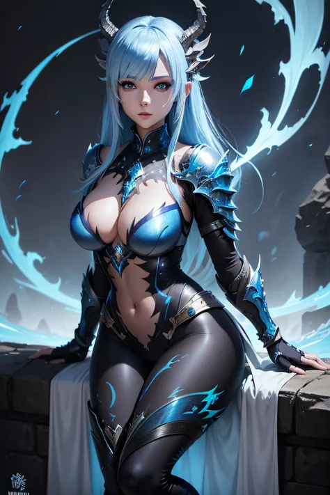 blue hair beautiful blue dragon girl with sky blue eyes, blue scale armor, skin of scales, dragon scales on skin, Aura, ffxiv, black leggings, full body, lightning