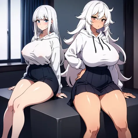 huge breasts, huge ass, big thighs, small waist, white hair, luscious messy hair, tall(adult), oversized hoodie, shoulder showing, perky nipples, middle length skirt, blushing, w sitting pose,