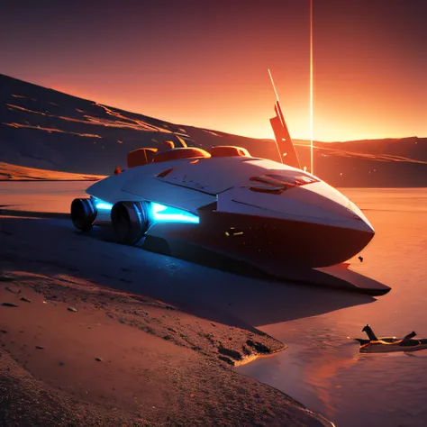 toy submarine on a lake on mars. octane render, highly detailed, volumetric, dramatic lighting, desolate, intricately detailed, artistic lighting, particles, beautiful, amazing, highly detailed, digital art, sharp focus, trending on art station, orange sky...