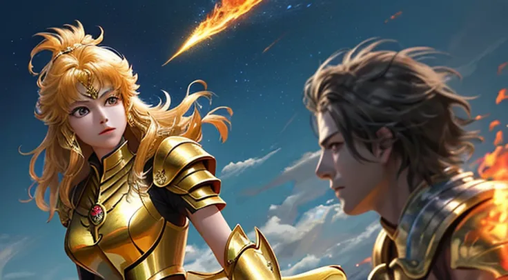 (masterpiece), (best quality), (1girl), girl in golden armor, cool pose, battle field background, fire background, saint seiya armor, messy hair