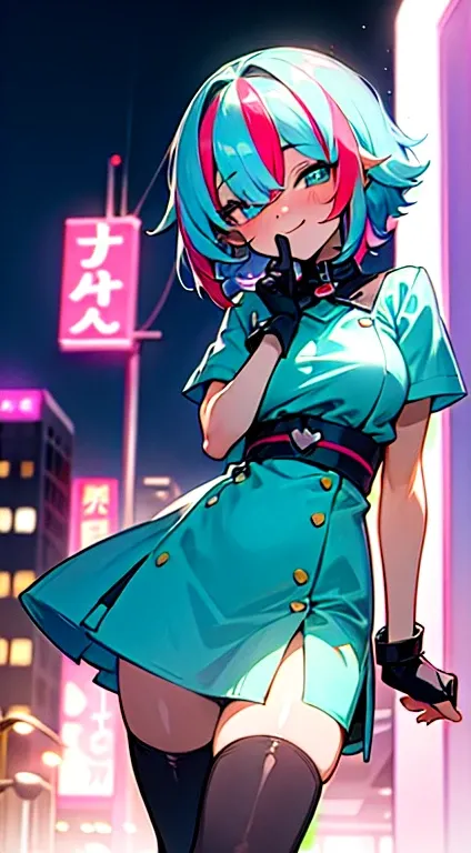 cyan hair, short hair,  super big boobs, blushing very hard, happy  face,smilling, neon city, night, detailed eyes, sexy, small height, hair over one eye, hair over one eye, streaked hair, anime,loli, casual clothes, black stockings,