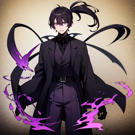 1 man, black hair, purple eyes, black coat, hakama pants, (purple cobwebs),  glowing eyes, tall, shadows, dark, glowing eyes.