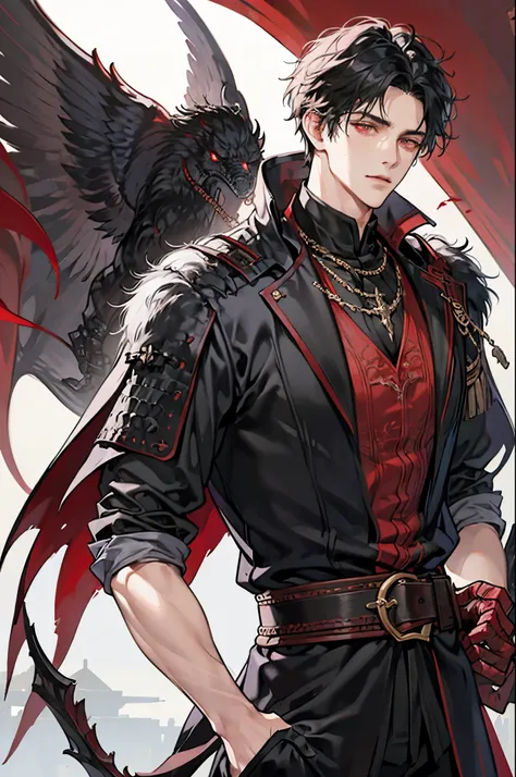 1 male, short messy black hair with bangs, handsome, blood red eyes, detailed eyes, tall and lean body, condescending, arrogant,...