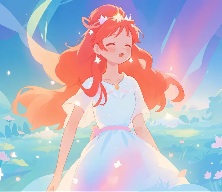 beautiful girl in sparkling white dress, glowing ballgown, long red peach hair, colorful fantasia background, delicate crown of white flowers on her head, watercolor illustration, disney art style, glowing aura around her, glowing lights, beautiful digital...