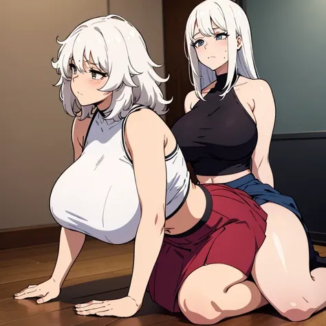 huge breasts, huge ass, big thighs, small waist, white hair, luscious messy hair, tall(adult), crop top, shoulder showing, perky , middle length skirt, blushing, w sitting pose, on knees, moaning mouth