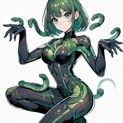 girl in a bodysuit. she is wearing a cyber style bodysuit. a girl with snakes growing out of her body. she is wearing long black...