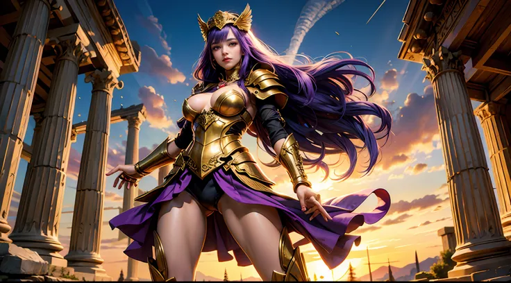 offcial art，统一 8k 壁纸，ultra - detailed，Beauty and aesthetics，high high quality，Valkyrie，tmasterpiece，Best quality at best，（zentangle，datura，Tangles，entangled：0.6），Greek temple，Large breasts，Purple colored hair，Heavy golden armor，complex patterns，magia