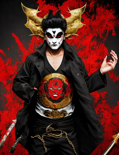 A human teenager with red eyes faces the screen and his eyes glow red.，Wearing a black hand trench coat，In his hand, he holds a Japanese sword with a red background and black paint to create a Hannya head.，The background is black filled with monster corpse...