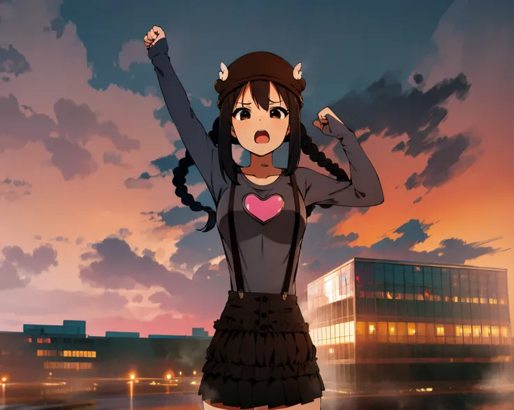 1girl, (((​masterpiece))), top-quality, top-quality, high détails, nakano azusa, 1girl, Twin-tailed, length hair, A dark-haired, brown-eyed, Gray T-shirt.suspenders.a black skirt.illustratio, comic strip, soothing tones, Subdued Color, Soft cinematic light...