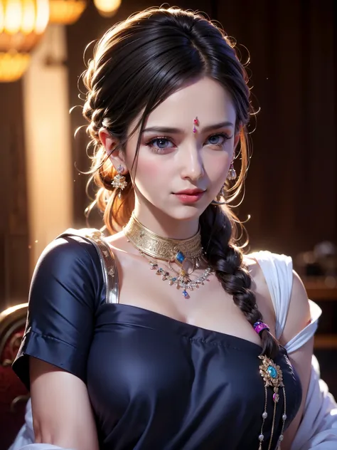 (best quality,ultra-detailed,realistic:1.37),portraits,soft lighting,rich colors,sari,purple jewelry, mischievous eyes,gentle smile,traditional Indian wedding,fair skin,flowing black hair,French braids,beautiful girl, (big tits: 1.5),lovely, cute, lipstick