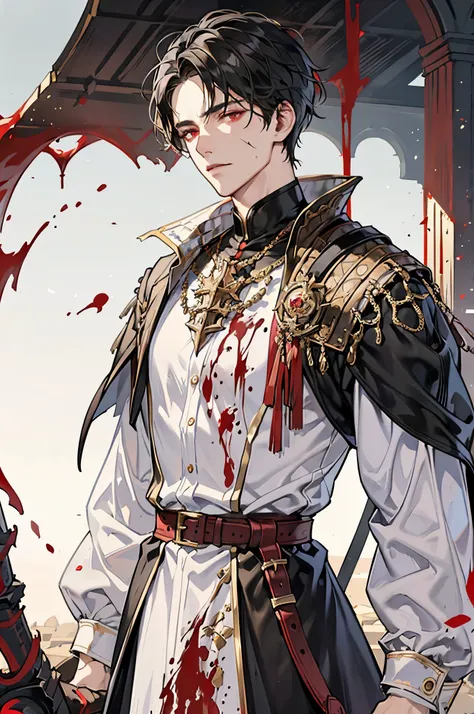 1 male, short messy black hair with bangs, handsome, blood red eyes, detailed eyes, tall and lean body, condescending, arrogant, royalty, tyrannical ruler, ((black, blood red, gold, white)), medieval fantasy, dark souls, close up, medieval background