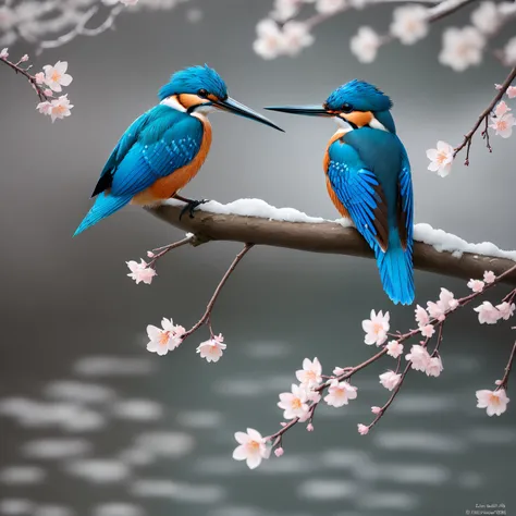 Superb Kingfisher Near White Cherry Blossoms on Branches, Dark, Dawn, (Cold Morning: 1.1), (Morning Dew: 1.15), Realistic Photography, (Low Photo: 1.2), Detail, 8K, Intricate Folded Feathers, Water Droplets on Feathers, (to8contrast style), (MIST: 0.7), Br...