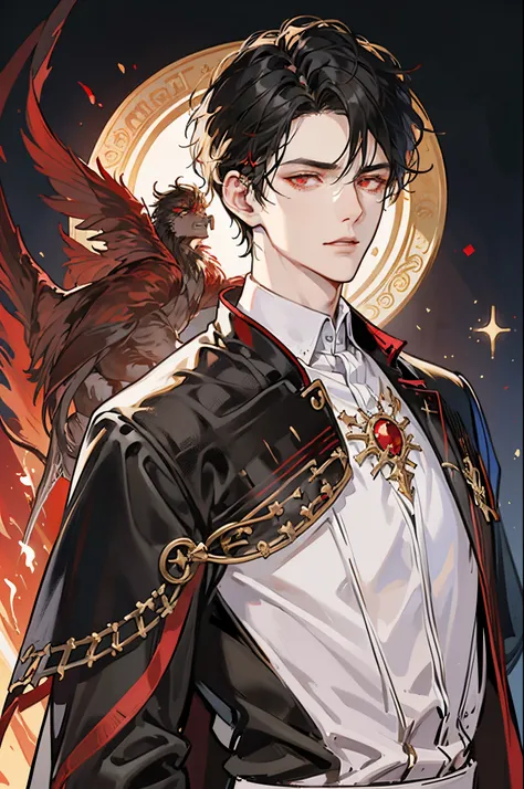 1 male, adult face, short messy black hair with bangs, handsome, blood red eyes, detailed eyes, tall and lean body, condescending, arrogant, royalty, tyrannical ruler, ((black, red, gold, (white))), medieval fantasy, dark souls, close up