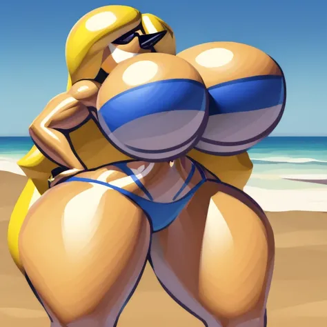 sunnymiamitf, big breasts, narrow waist, wide hips, Sunglasses, teeth, straight hair, very long hair, blonde hair, blue bikini, strapless, g-string thong, beach, big ass, topheavy, bottomheavy