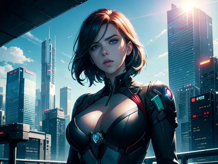 Outdoor, background futuristic city skyline, daytime, (bright blue sky). Cyberpunk Scarlett Johansson as Black Widow. Perfect pale green eyes, perfect anatomy. Best quality, sunlight, subject lit, sun flare