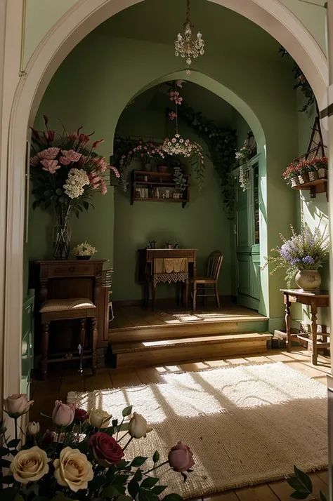 Petite chambre dans un style rivendell,chaleureux, bouquets de fleurs, tentures pourpres, Belle Bibliothèque.