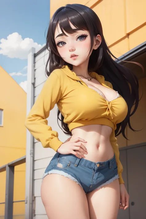 anime girl avec de gros seins posant dans un haut jaune et un jean, séduisante fille d’anime, Ilya Kuvshinov. 4 km, [ Art numérique 4 km ]!!, Style Anime 3D réaliste, Jolie fille d’anime, Artgerme extrêmement détaillé, Oppai, Style anime 4 K, Rendu photo r...