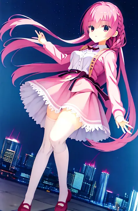 mitsukasa ayas，1个Giant Breast Girl，with pink hair，The city at night，jaket，The shirt，short  skirt，Put your hands in your pockets