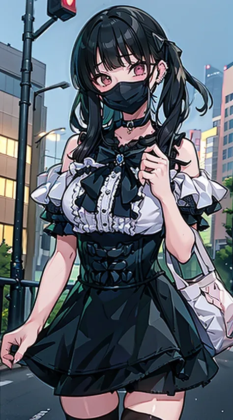 (8K、Top image quality、top-quality、​masterpiece)、1 girl in、A dark-haired、short-hair、(Twin-tailed)、waved hair、blunt bangs、Gray eyes、piercings、evilsmile、mask_pull、Moderately breasts、Pink ruffled clothes、off shoulders、a black ribbon、Black miniskirt、fishnet tig...