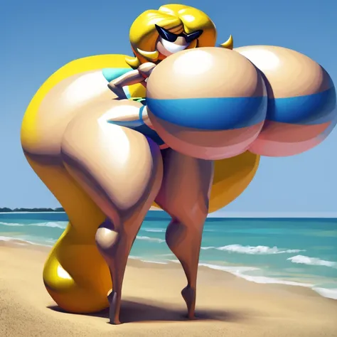 sunnymiamitf, gigantic breasts, narrow waist, wide hips, Sunglasses, teeth, straight hair, very long hair, blonde hair, blue bikini, strapless, g-string thong, beach, gigantic ass, topheavy, bottomheavy