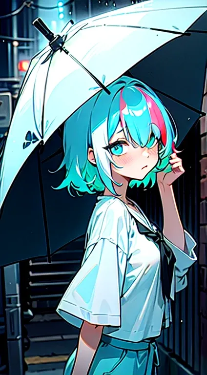 cyan hair, short hair,  super big boobs, blushing very hard, expressionless face, neon city, night, detailed eyes, sexy, small height, hair over one eye, hair over one eye, streaked hair, anime,loli, white casual clothes, skirt, raining, alley, no umbrella