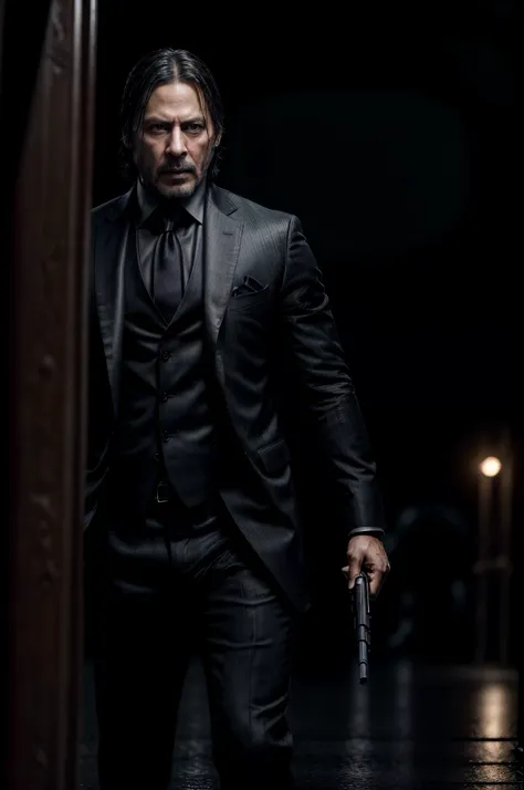 ((highly detailed)), ((8k)), ((ultra-high resolution)), raw, realistic, indian actor shahrukh khan, as "john wick", holding gun ...