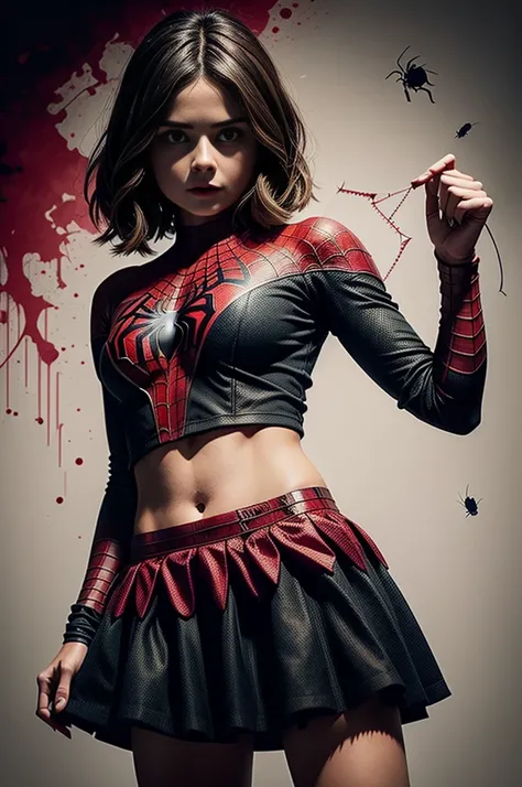 Jenna Louise Coleman、Sticking out the navel、newyork、She wears a torn Spider-Man suit,wearing skirt、 Red and black color scheme,Dynamic、​masterpiece、top-quality、ultra-detailliert、ighly detailed、beautiful detailed brilliance、超A high resolution