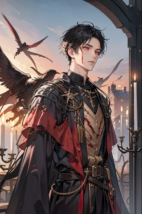 1 male, adult, adult face, short messy black hair with bangs, handsome, blood red eyes, detailed eyes, condescending, arrogant, ...