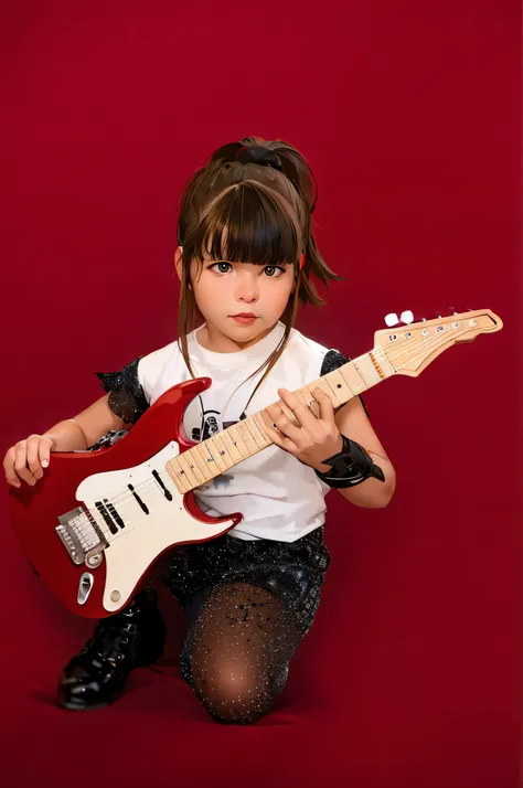 garota estilo desenho pixar com uma guitarra  sentado em um fundo vermelho, the girl plays the guitar, holding electric guitar, ...