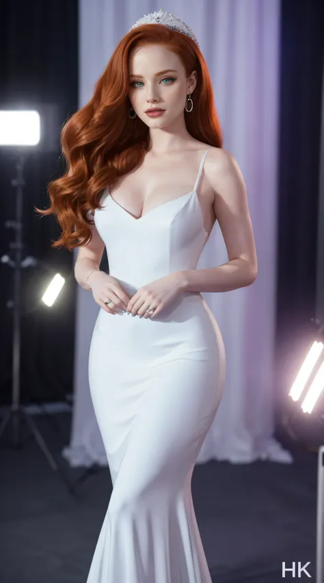 madelaine petsch, (((arriving at an big event))), (((white Evening gown))), 60s, distant image, ((full body photography)), ((insanely detailed face)), (((photography4k))), ((night)), (((colorful spotlights))), cores vivas, fundo vivo, sozinha, holofotes